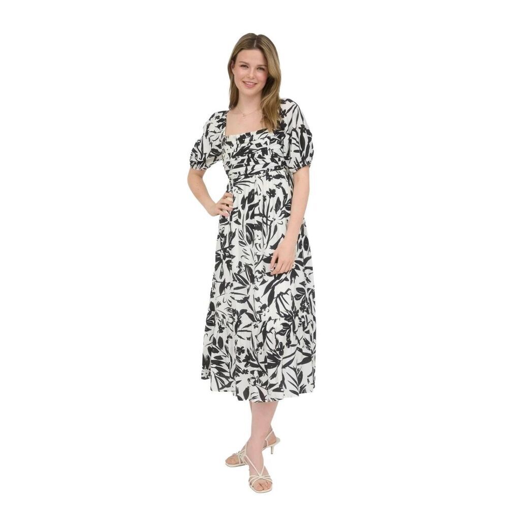 By The River Black White Floral Puff Sleeve Midi Dress